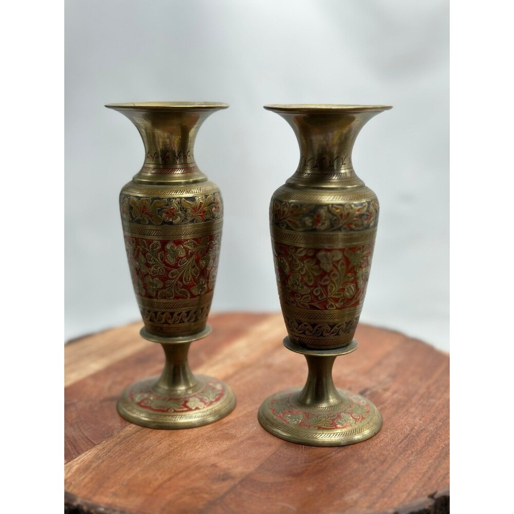 Vintage Set Of 2 Solid Brass And Red Enamel Etched Mid Century